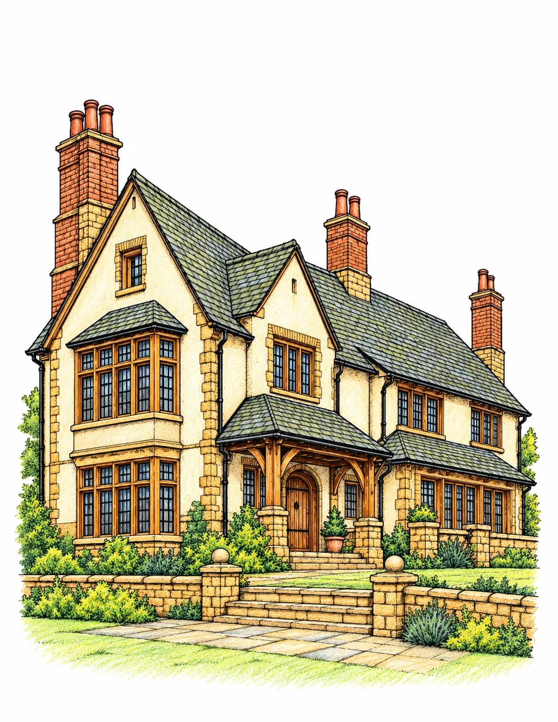 Honey stone and moss-green roofs: coloured-pencil-style Craftsman & Arts & Crafts inspiration example