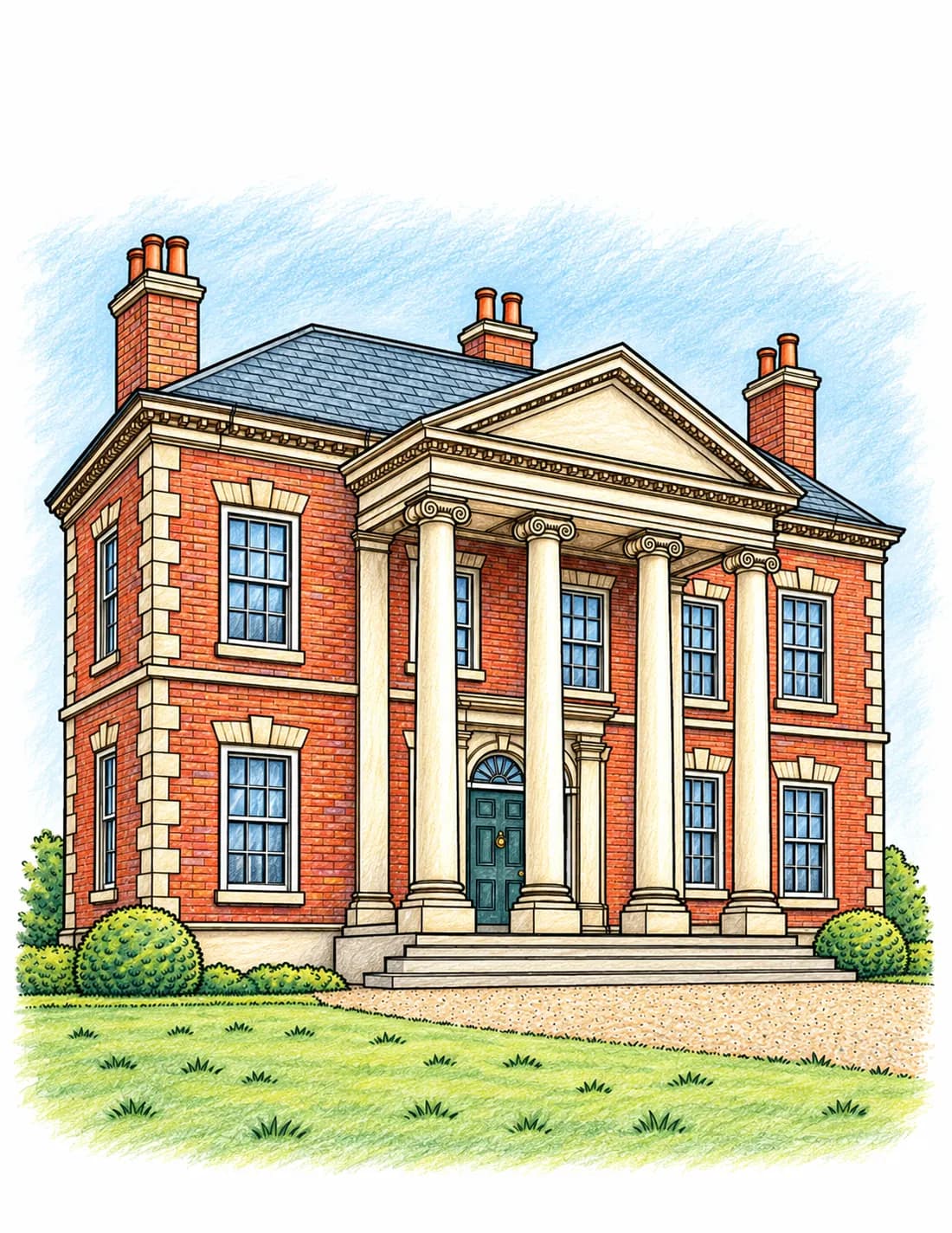 Red brick and a teal front door: coloured-pencil-style Georgian & Regency inspiration example