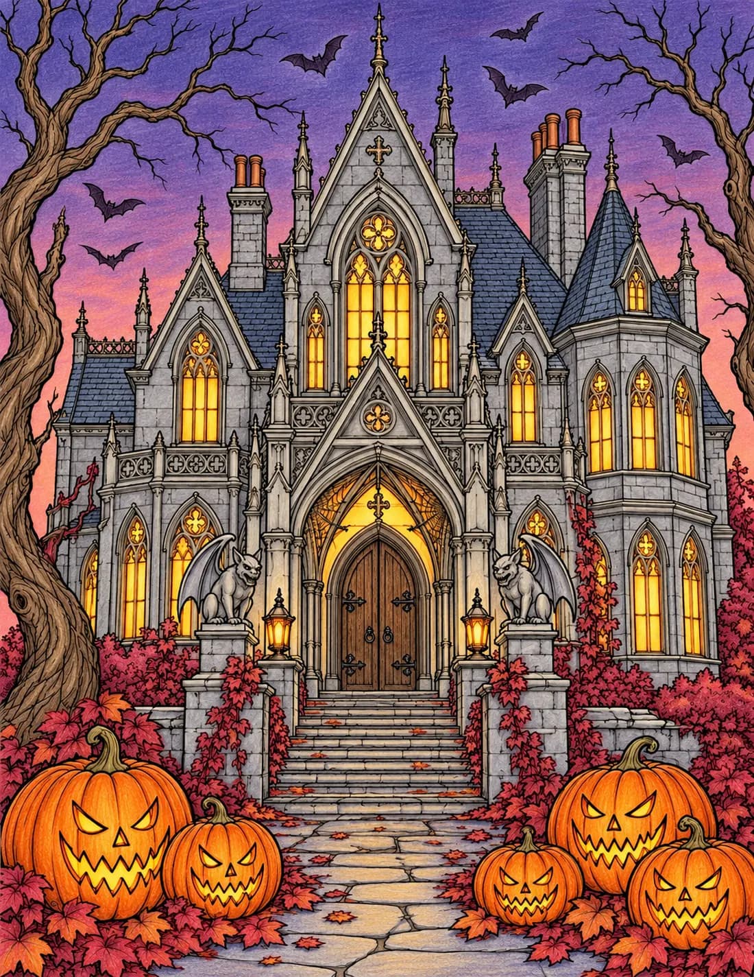 Amber windows at twilight: coloured-pencil-style Gothic Halloween inspiration example