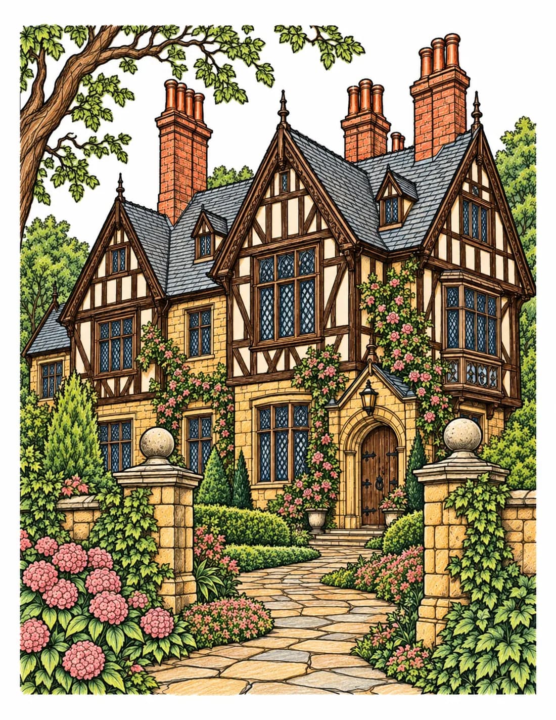 Walnut beams and a cottage garden: coloured-pencil-style Tudor Houses inspiration example