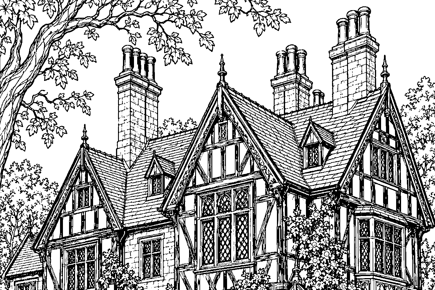 Tudor house printable colouring illustration