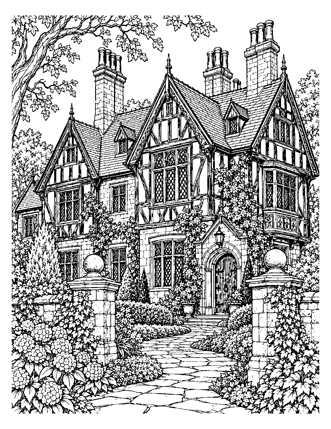 Tudor house sample colouring page 1